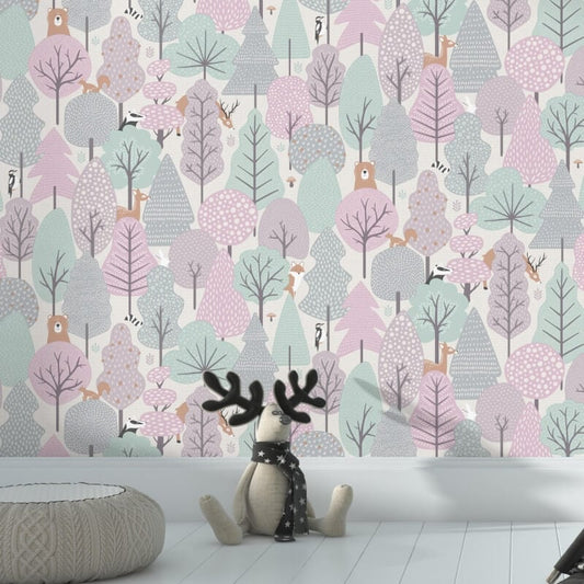 Wild Wood Metallic Wallpaper - Pink/Teal - Muriva - M51603 - Premier Wallcovering