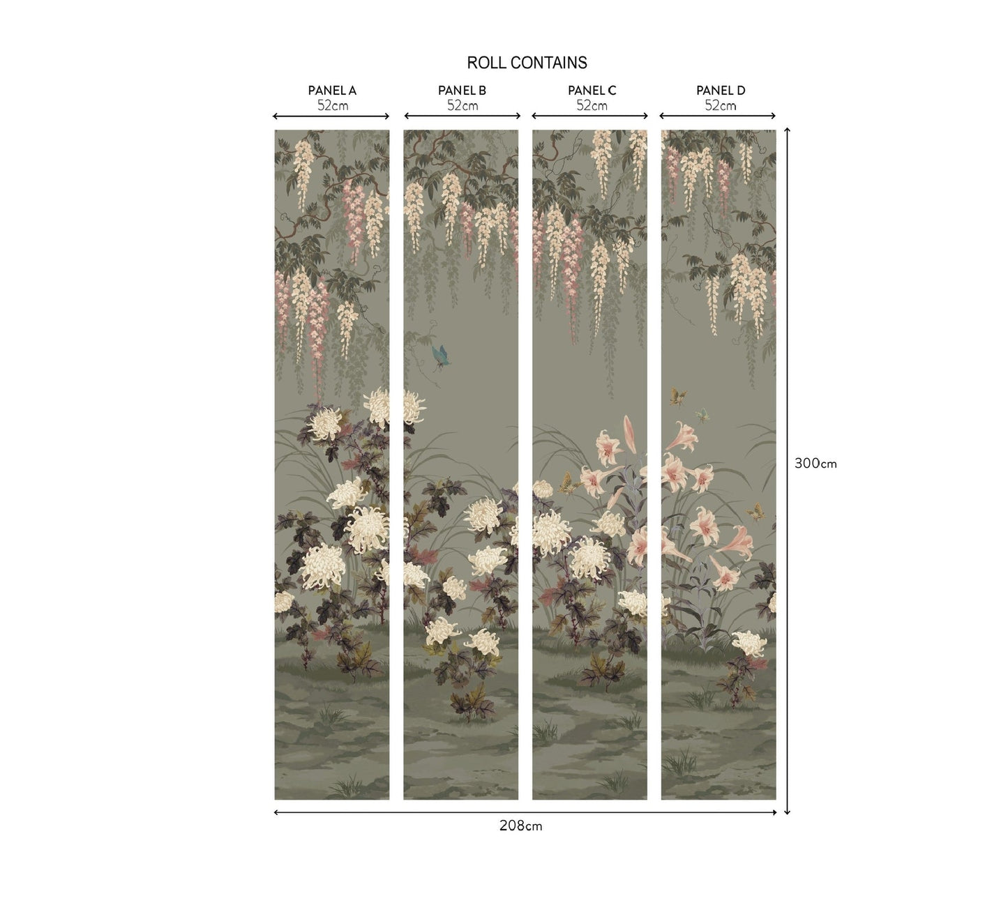 Wisteria Bloom Wall Mural - Dark Sage Green - 1838 wallcoverings - 2513 - 191 - 04 - Premier Wallcovering