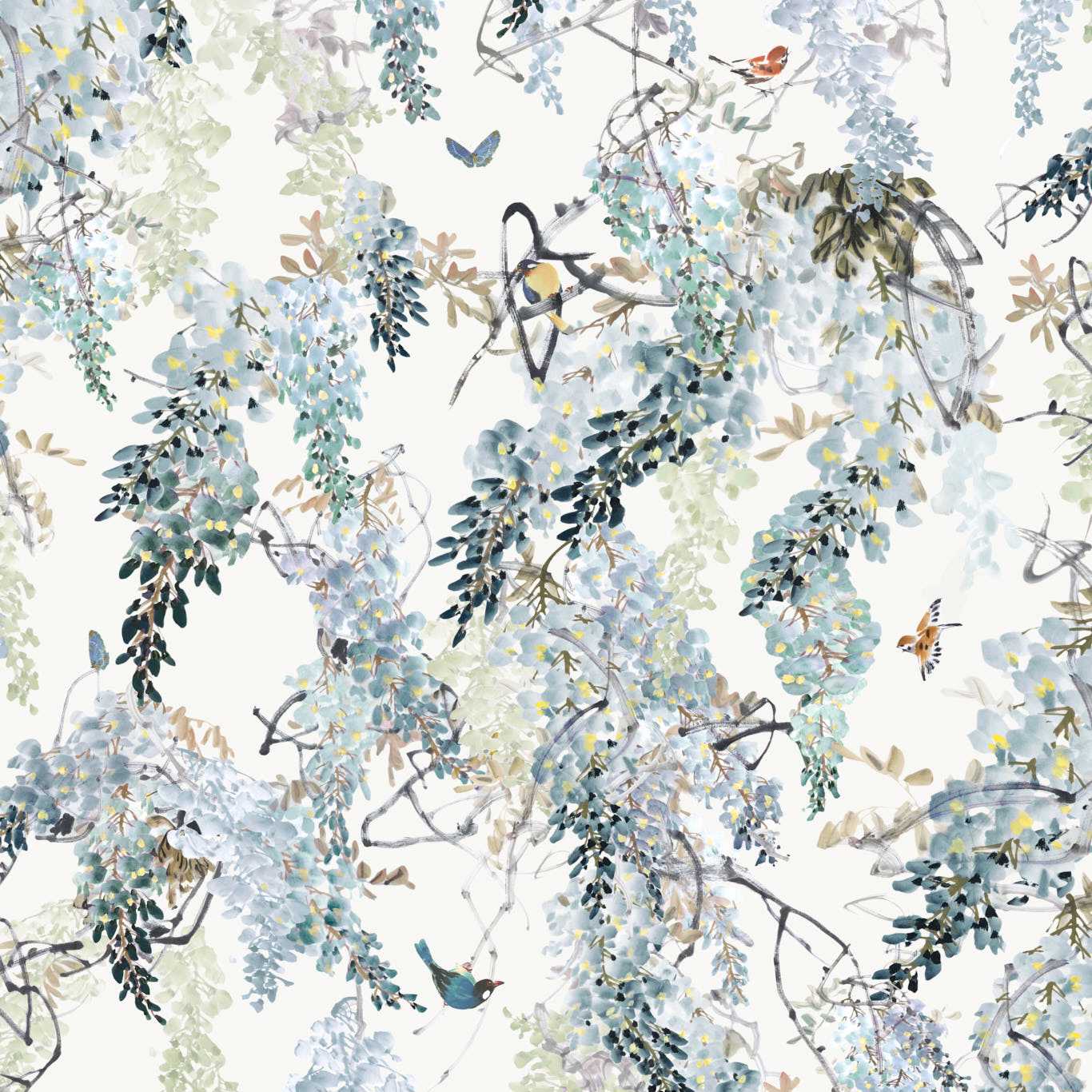 Wisteria Fall Panel A Wallpaper - Aqua - Sanderson - DWAP216298 - Premier Wallcovering