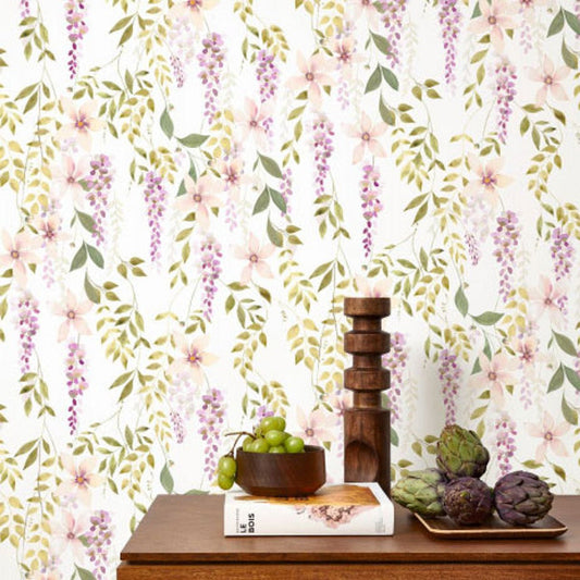 Wisteria Soliflore Wallpaper - Parme / Vert Mousse - Casadeco - 200305202 - Premier Wallcovering