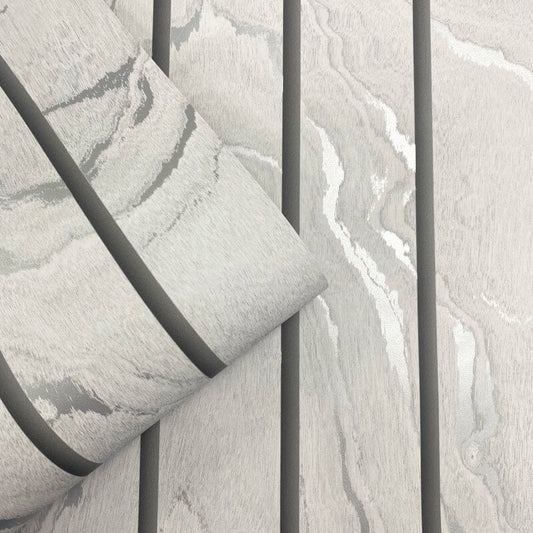 Woodgrain Panel Metallic Wallpaper - Silver - Muriva - 193502 - Premier Wallcovering