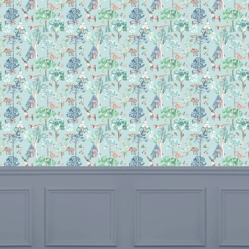 Woodland Adventures Wallpaper - Aqua - Voyage Maison - WOODLAN/WPO/AQU - Premier Wallcovering