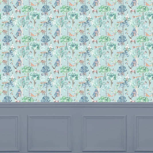 Woodland Adventures Wallpaper - Aqua - Voyage Maison - WOODLAN/WPO/AQU - Premier Wallcovering