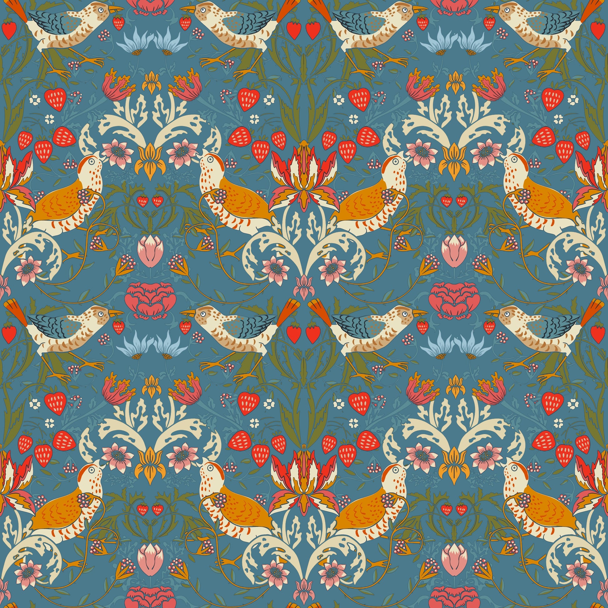 1026-1 - Strawberry Thief Wallpaper - Denim - Morris Collections