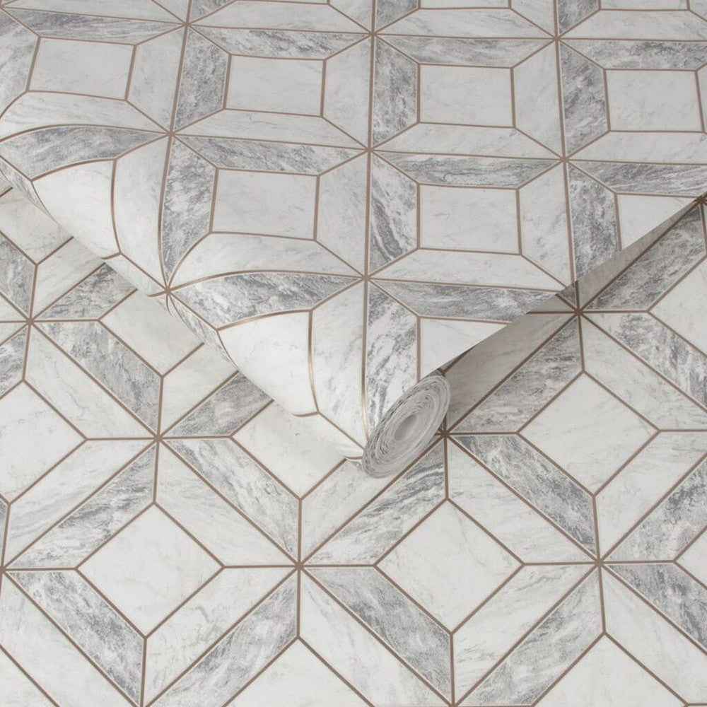 103856 - Marble Marquetry Wallpaper - White & Rose Gold - Contour