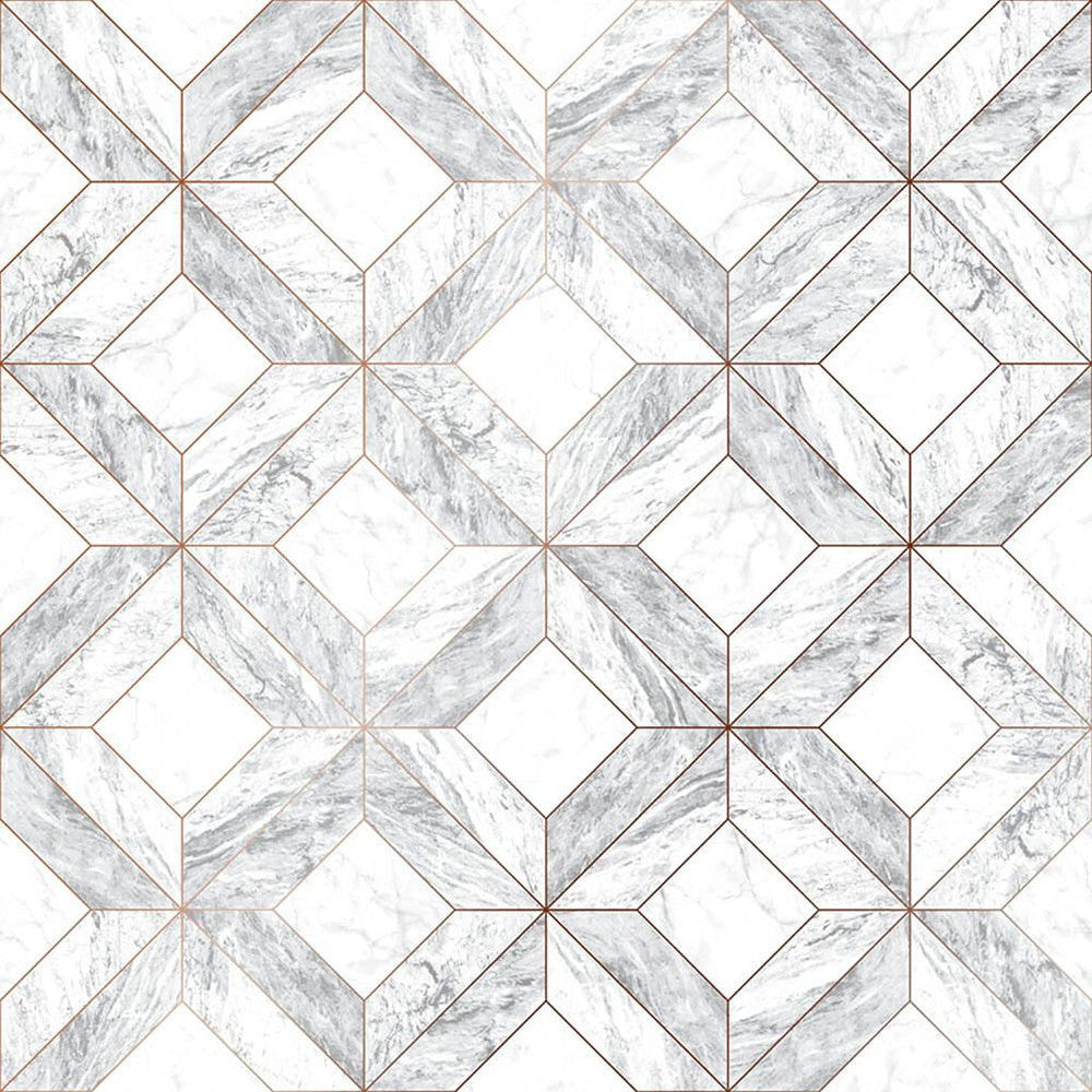 103856 - Marble Marquetry Wallpaper - White & Rose Gold - Contour
