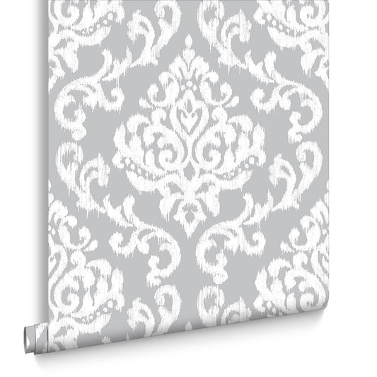 103928 - Indian Ink Damask Wallpaper - Grey Mist - Graham & Brown
