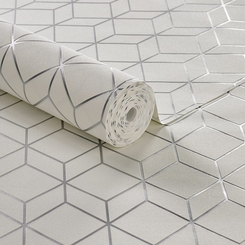 104121 - Myrtle Geo Wallpaper - White & Silver - Superfresco Easy