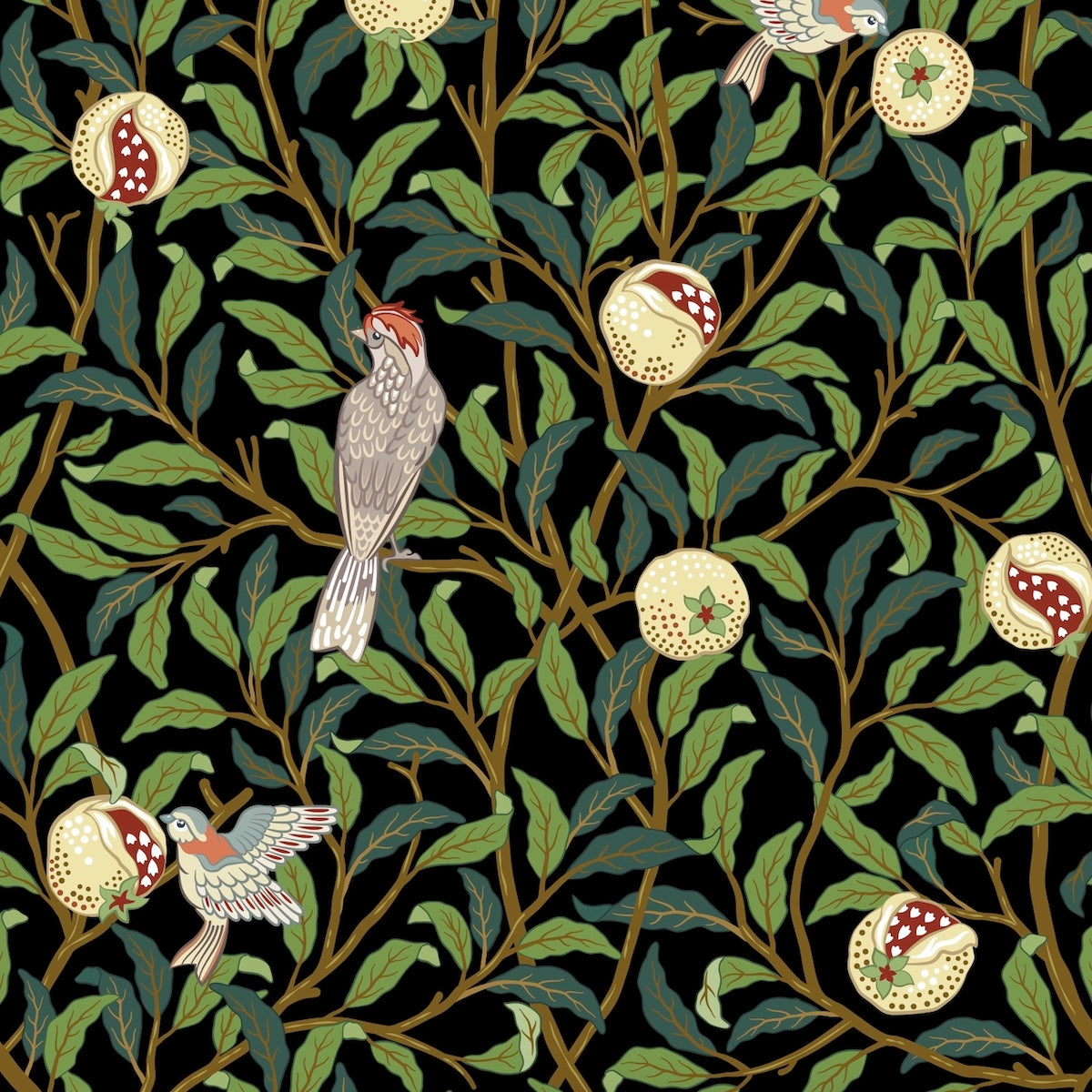 1043 - Bird & Pomegrante Wallpaper - Sable - Morris Collections
