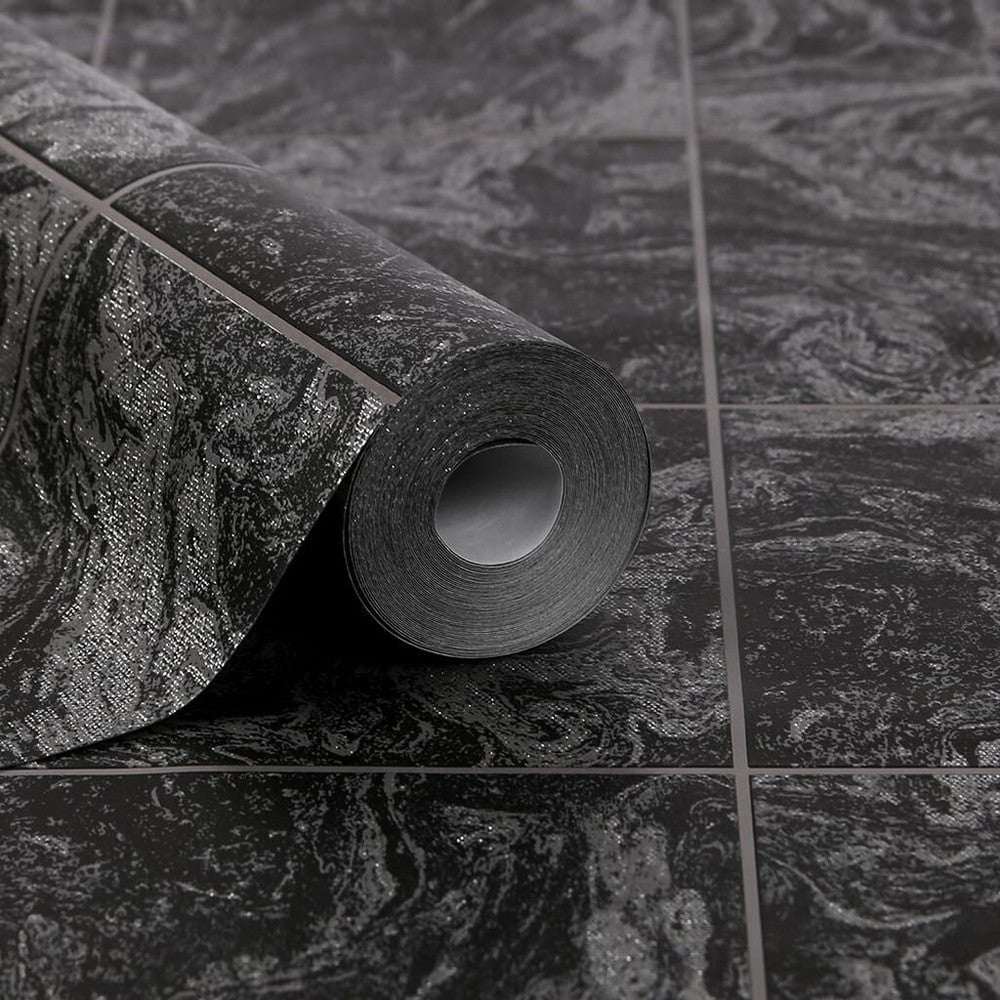104880 - Glitter Marble Tile Wallpaper - Black - Contour