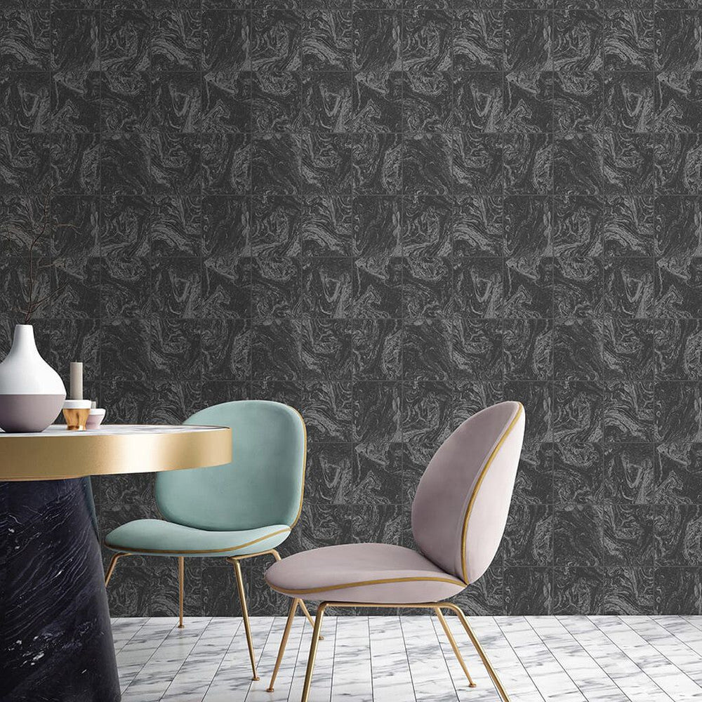104880 - Glitter Marble Tile Wallpaper - Black - Contour