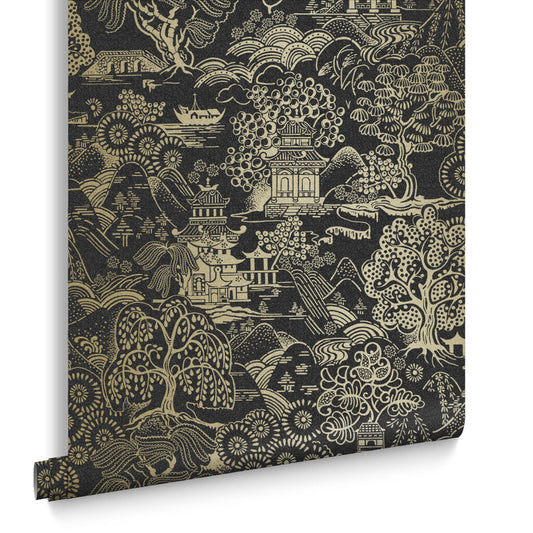 105929 - Basuto Wallpaper - Black Gold - Graham & Brown
