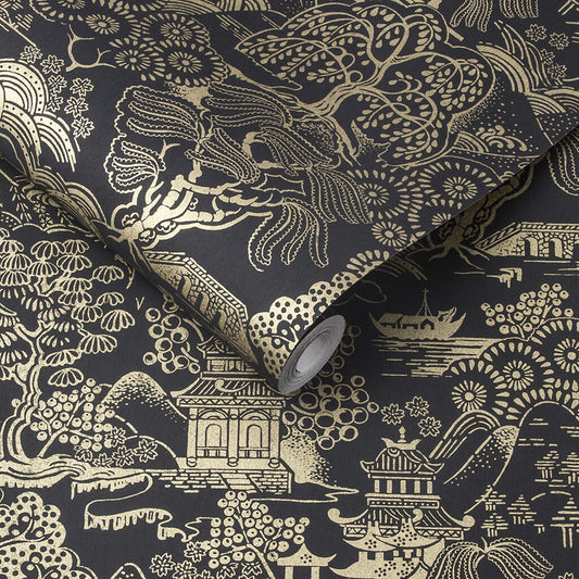 105929 - Basuto Wallpaper - Black Gold - Graham & Brown