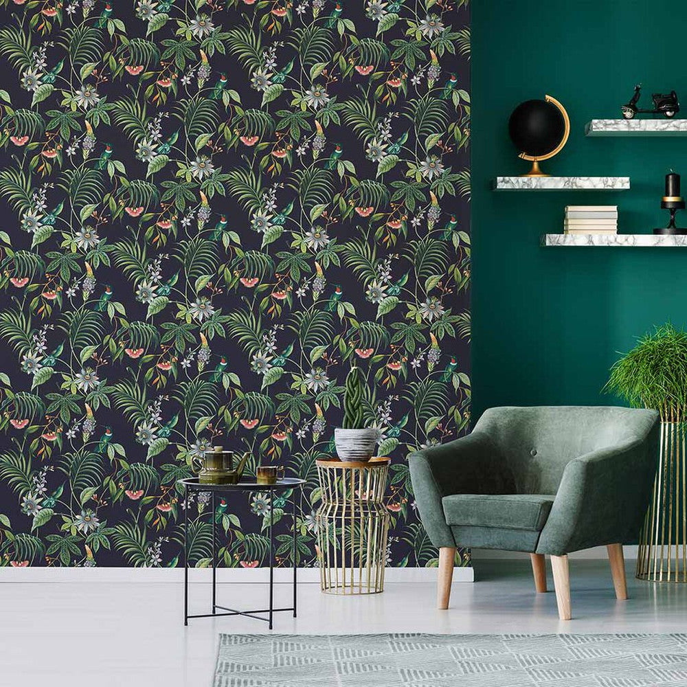 106976 - Adilah Tropical Floral Wallpaper - Dark - Superfresco Easy