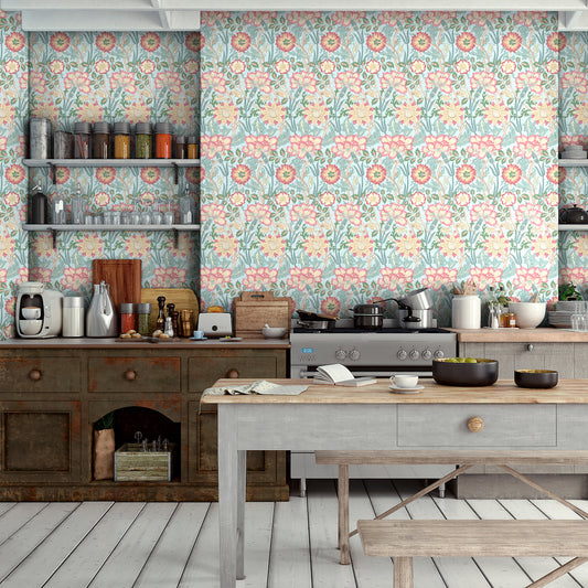1089 - Iris & Chrysanthemum Wallpaper - Saphire Blue - Morris Collections