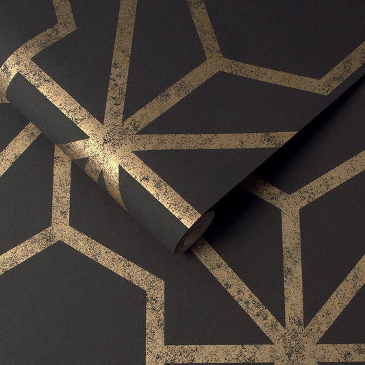112197 - Rinku Wallpaper - Black Gold - Graham & Brown