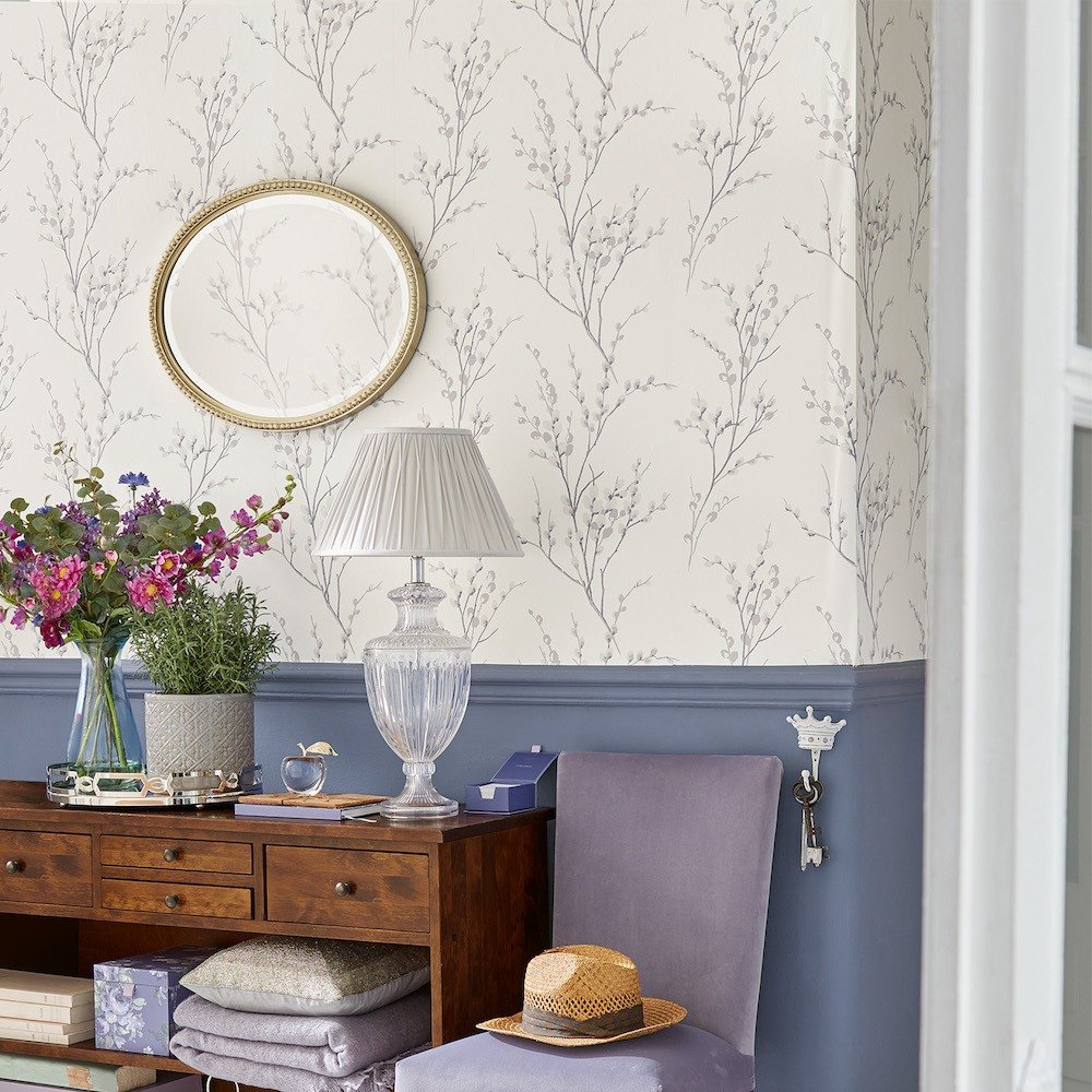 113359 - Pussy Willow Wallpaper - Off White/Steel - Laura Ashley