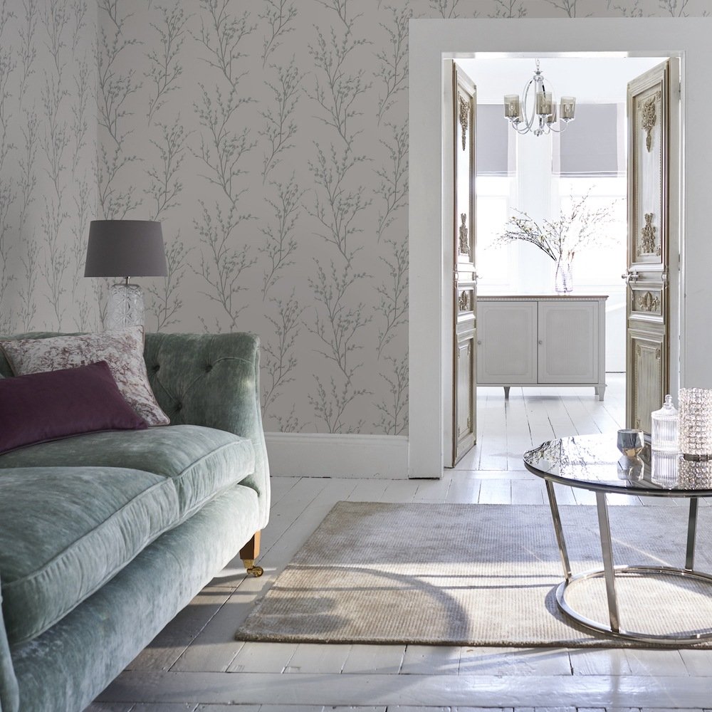 113359 - Pussy Willow Wallpaper - Off White/Steel - Laura Ashley