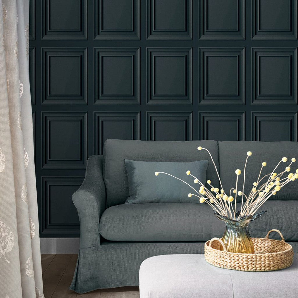 114906 - Redbrook Wood Panel Wallpaper - Dark Seaspray - Laura Ashley