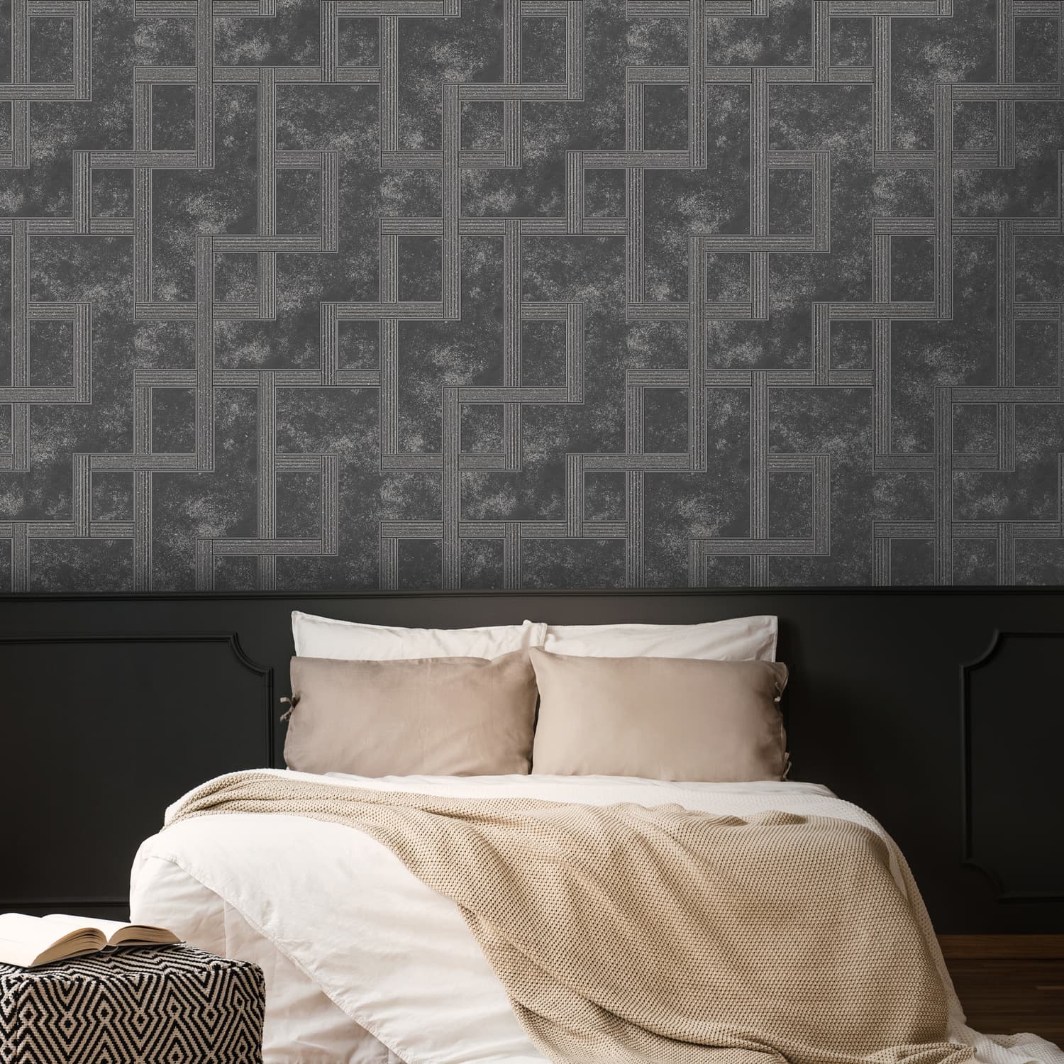 115726 - Gilded Greek Key Wallpaper - Onyx - Boutique Luxury