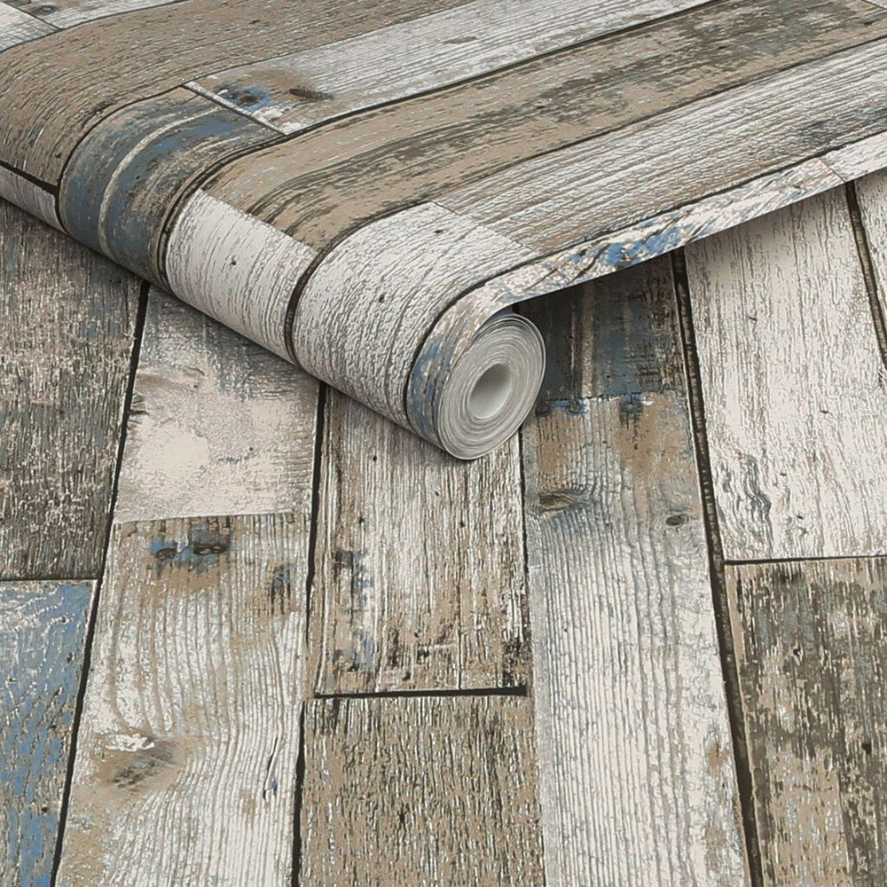 118309 - Distressed Wood Plank Wallpaper - Blue - Next