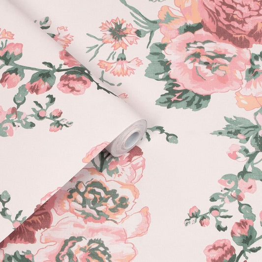 118479 - Hollyhocks Wallpaper - Coral Pink - Laura Ashley