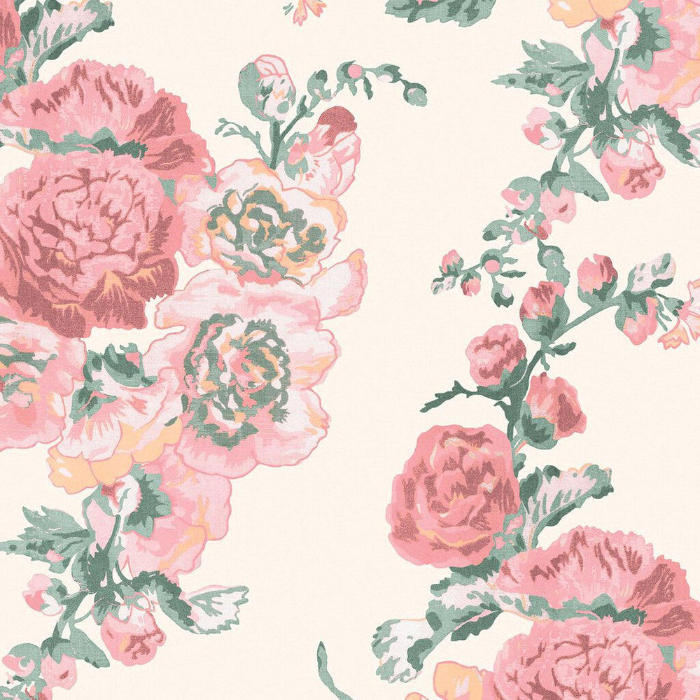 118479 - Hollyhocks Wallpaper - Coral Pink - Laura Ashley