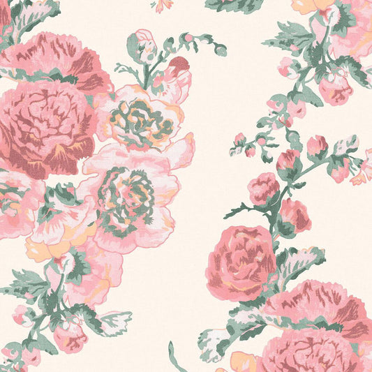 118479 - Hollyhocks Wallpaper - Coral Pink - Laura Ashley