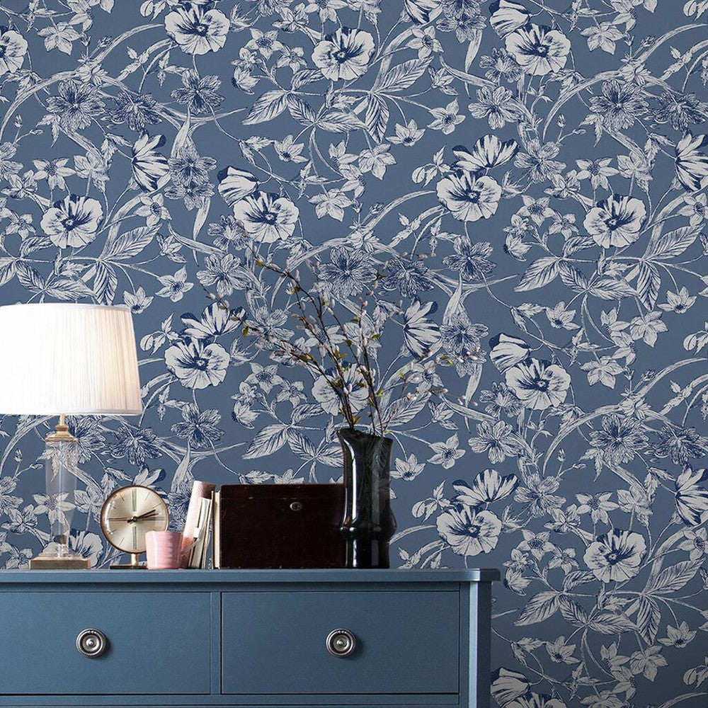 118486 - Summerhill Wallpaper - Midnight Blue - Laura Ashley