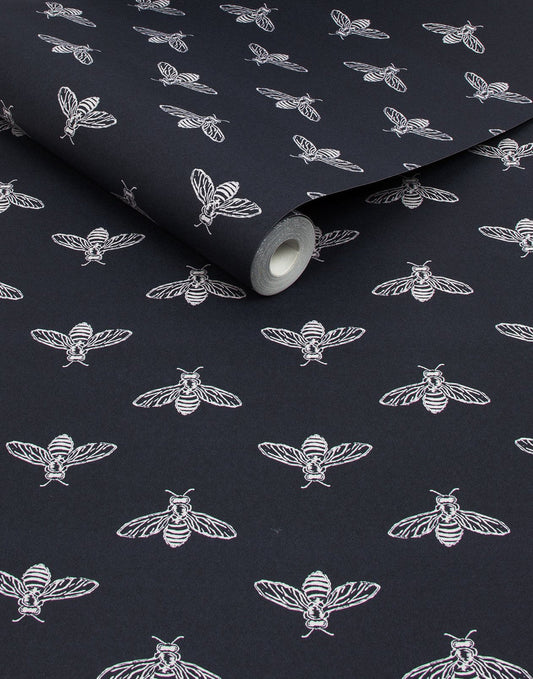 118546 - Block Print Bee Wallpaper - French Navy - Joules