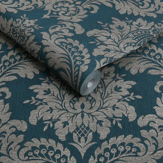 119969 - Archive Damask Wallpaper - Teal & Gold - Boutique Luxury