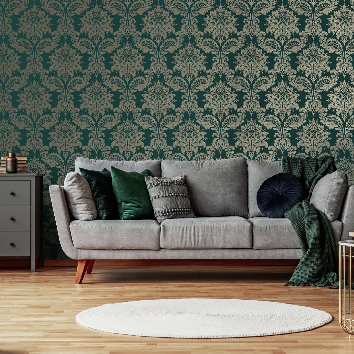 119969 - Archive Damask Wallpaper - Teal & Gold - Boutique Luxury