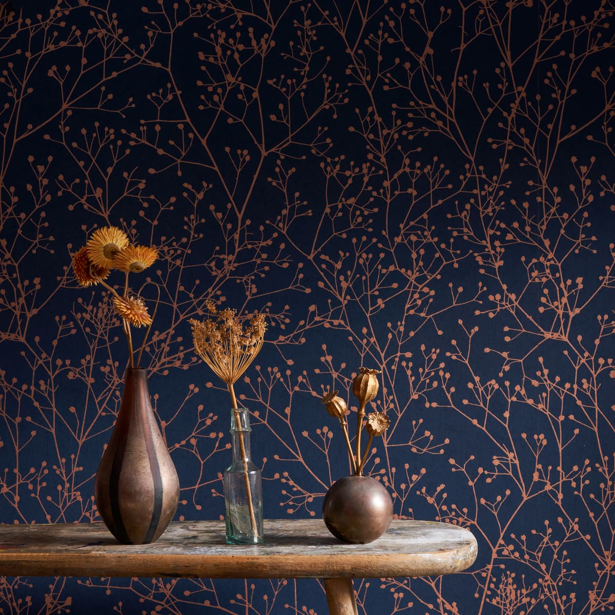 120381 - Gypsophila Wallpaper - Mighnight & Copper - Clarissa Hulse