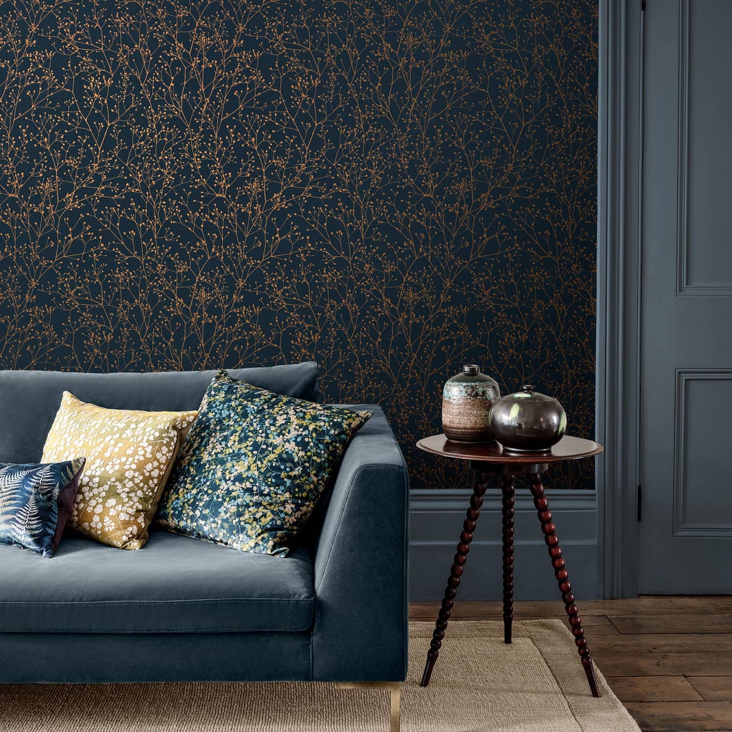120381 - Gypsophila Wallpaper - Mighnight & Copper - Clarissa Hulse
