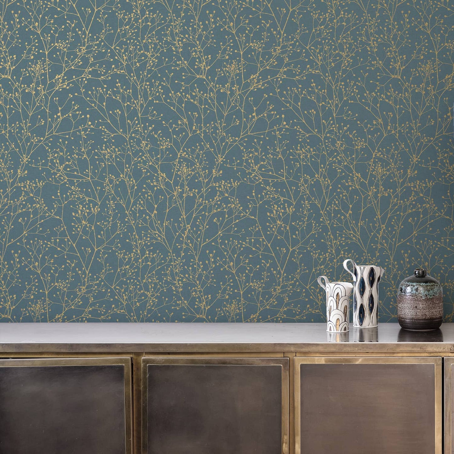 120384 - Gypsophila Wallpaper - Airforce Blue & Soft Gold - Clarissa Hulse