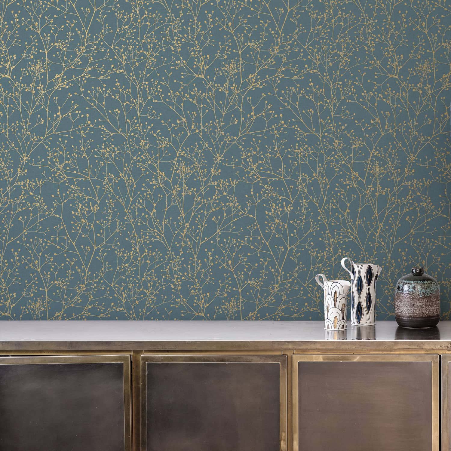 120384 - Gypsophila Wallpaper - Airforce Blue & Soft Gold - Clarissa Hulse