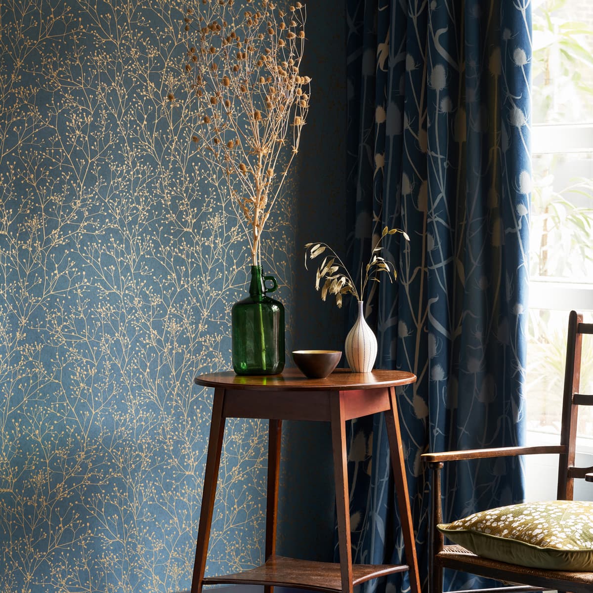 120384 - Gypsophila Wallpaper - Airforce Blue & Soft Gold - Clarissa Hulse