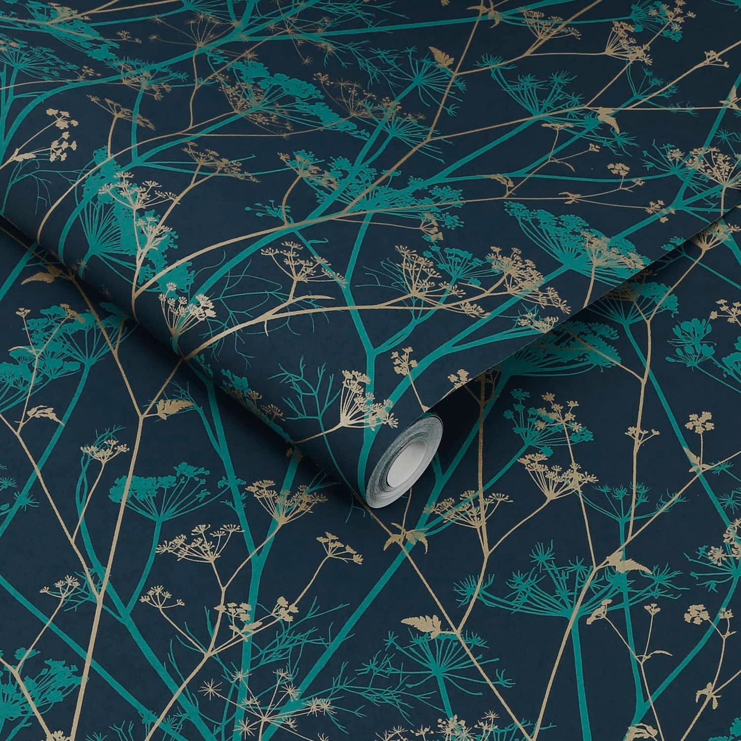 120394 - Wild Chervil Wallpaper - Kingfisher & Gold - Clarissa Hulse