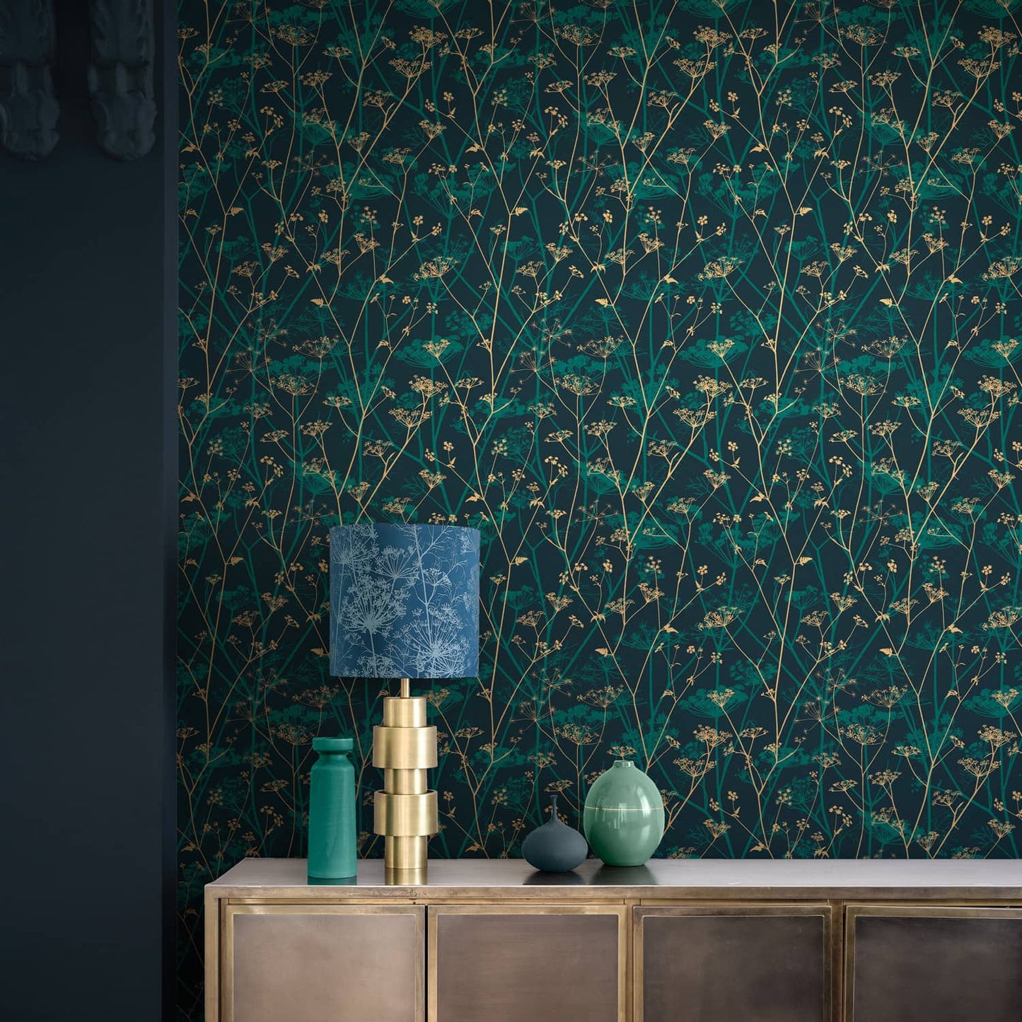 120394 - Wild Chervil Wallpaper - Kingfisher & Gold - Clarissa Hulse