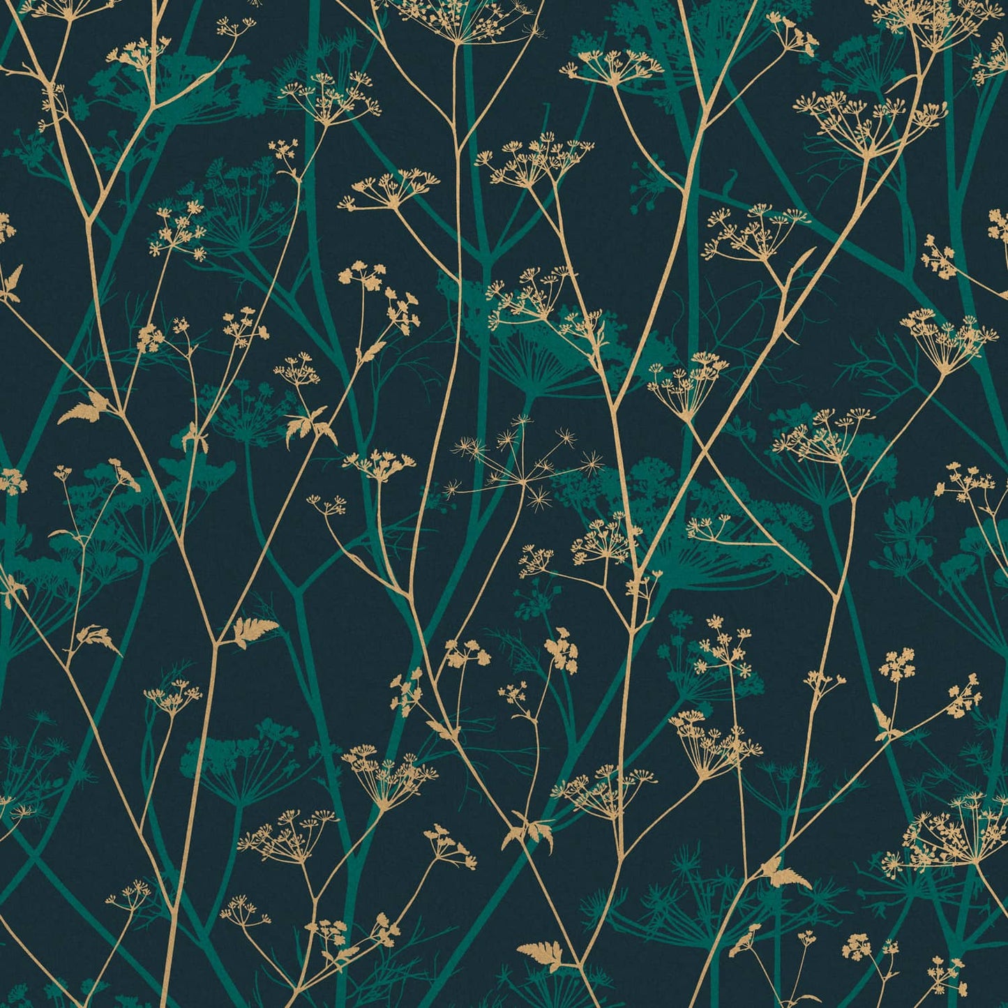 120394 - Wild Chervil Wallpaper - Kingfisher & Gold - Clarissa Hulse