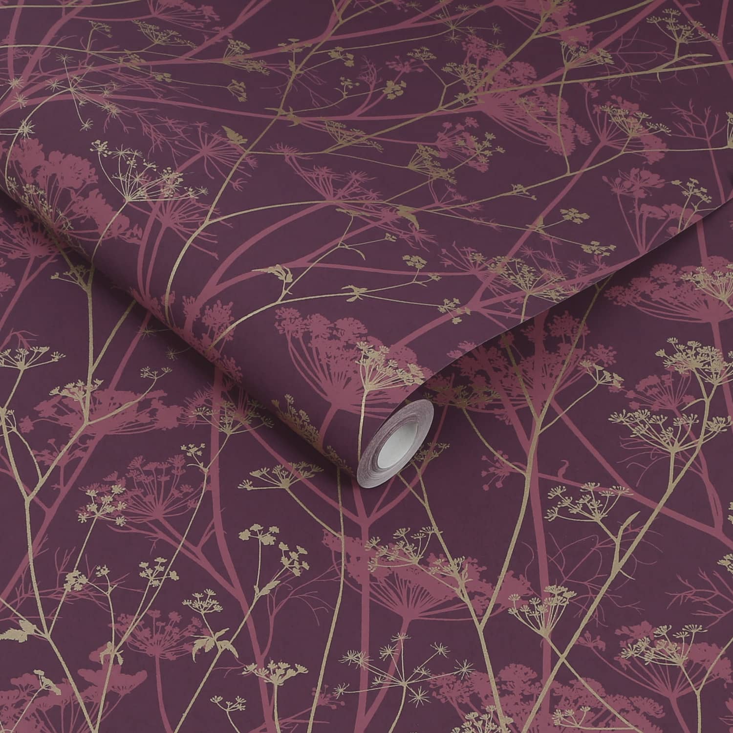 120397 - Wild Chervil Wallpaper - Damson & Gold - Clarissa Hulse