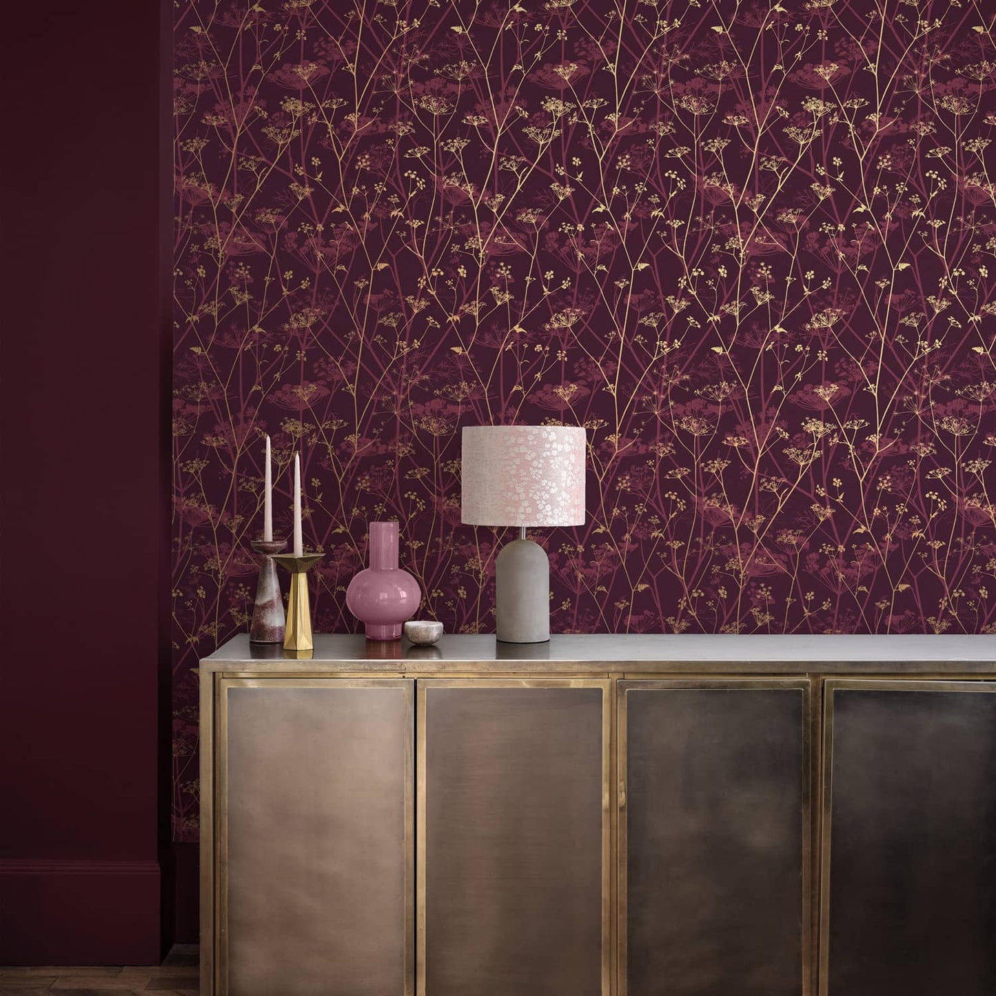 120397 - Wild Chervil Wallpaper - Damson & Gold - Clarissa Hulse