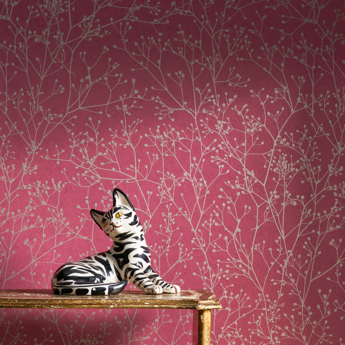 120398 - Gypsophila Wallpaper - Raspberry & Silver - Clarissa Hulse