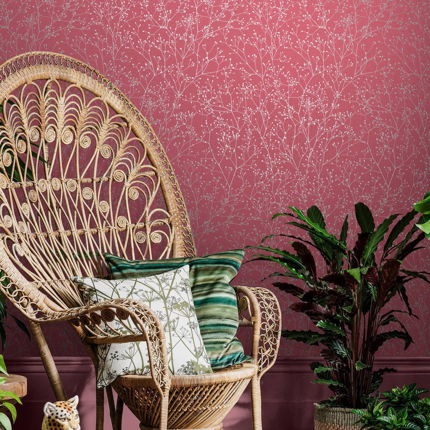 120398 - Gypsophila Wallpaper - Raspberry & Silver - Clarissa Hulse