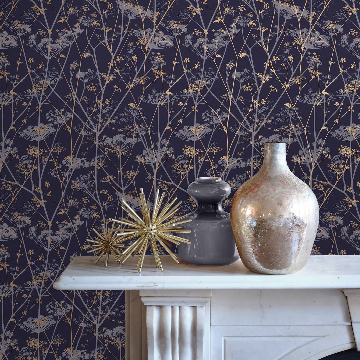 120399 - Wild Chervil Wallpaper - Blackberry & Gold - Clarissa Hulse
