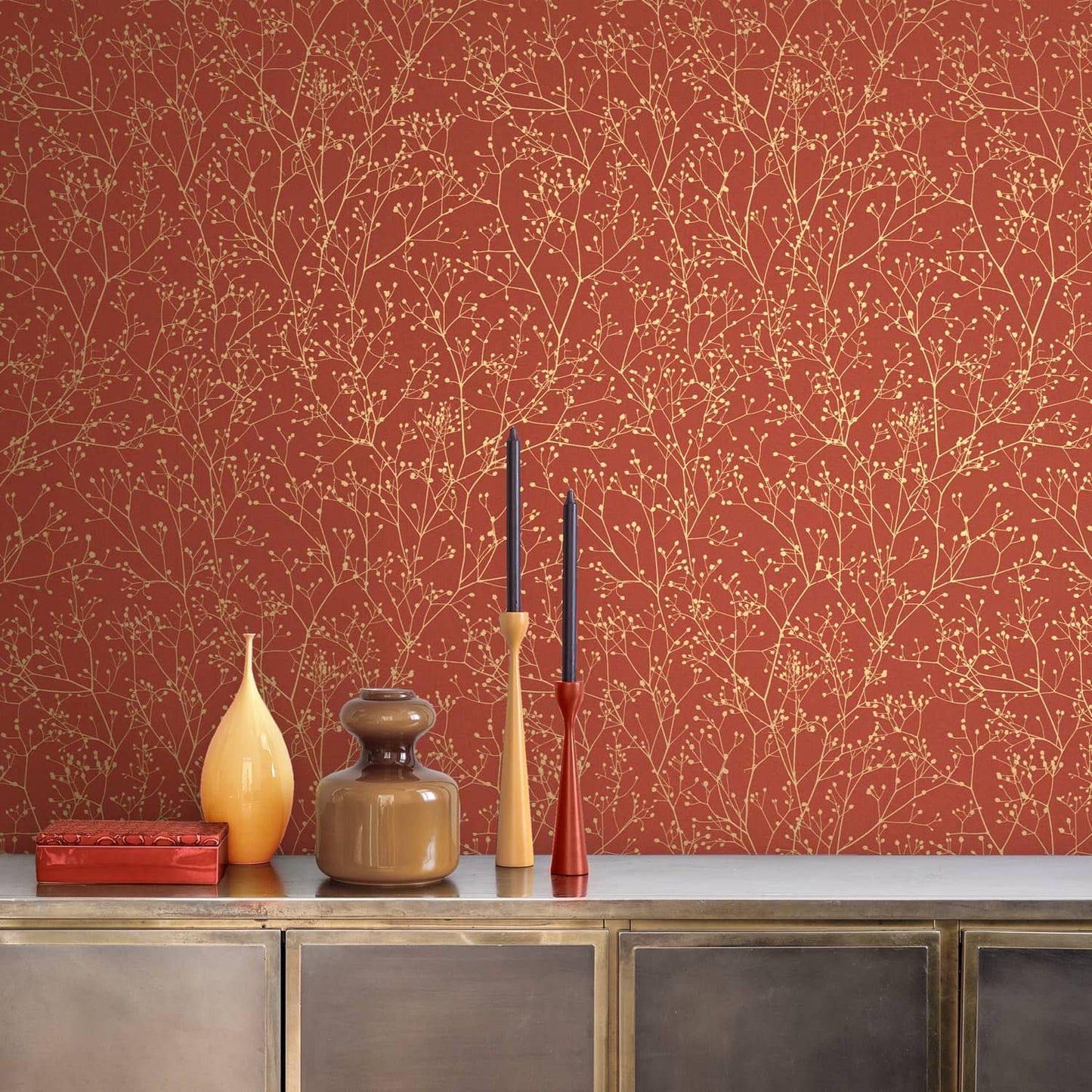 120401 - Gypsophila Wallpaper - Paprika & Gold - Clarissa Hulse