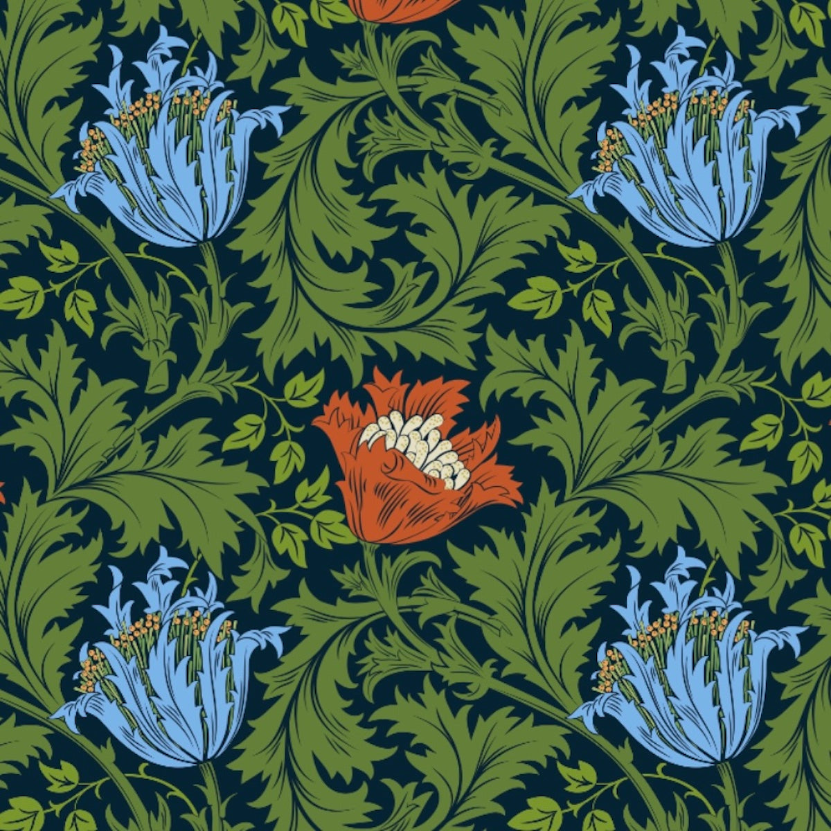 1204 - Anemone Wallpaper - Green Sky Blue - Morris Collections