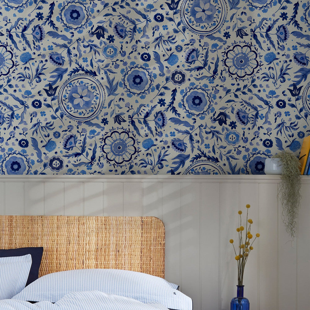 120881 - Festival Flowers Wallpaper - Blue - Joules