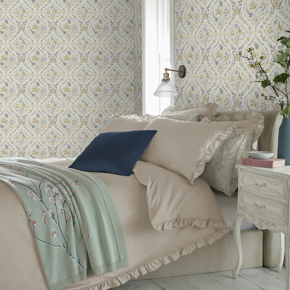 121070 - Foscot Damask Wallpaper - Pale Ochre Yellow - Laura Ashley