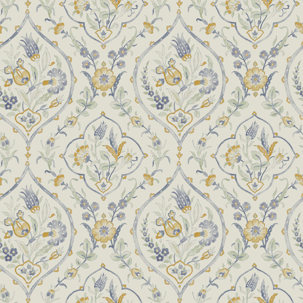 121070 - Foscot Damask Wallpaper - Pale Ochre Yellow - Laura Ashley